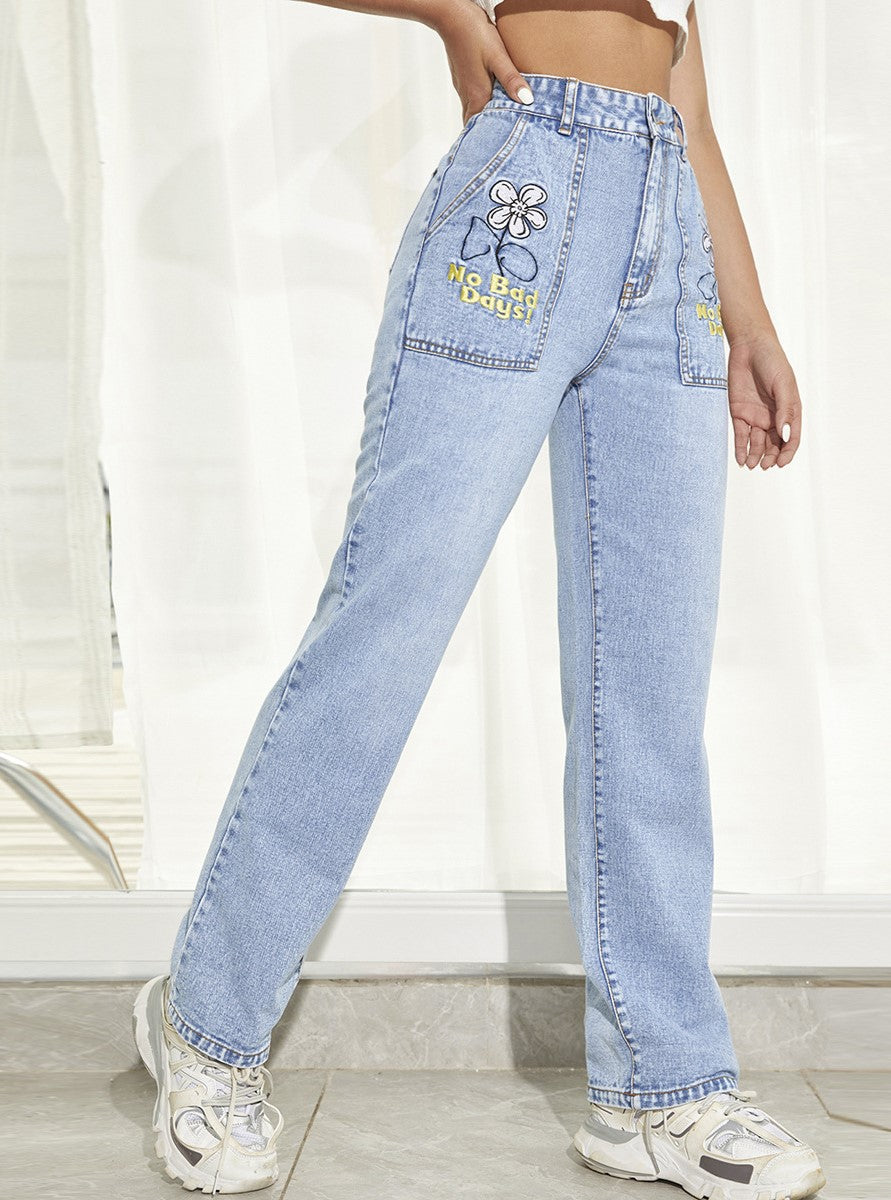Floral Embroidered High Waist Straight Leg Jeans - Blue