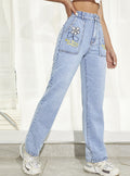 Floral Embroidered High Waist Straight Leg Jeans - Blue