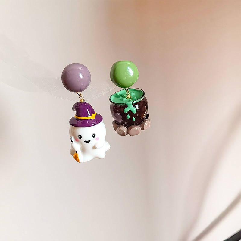 Mismatched Ghost And Potion Cauldron Earrings - White - 2