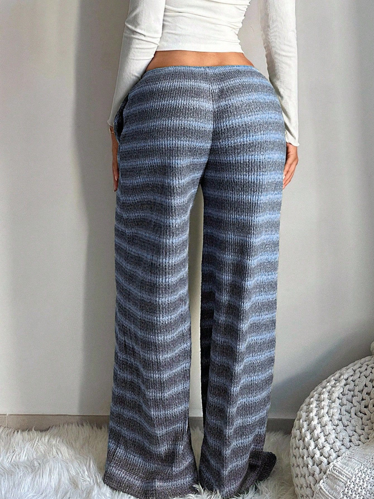 Striped Textured Knit Pocket Wide Leg Lounge Pants - Blue - 1