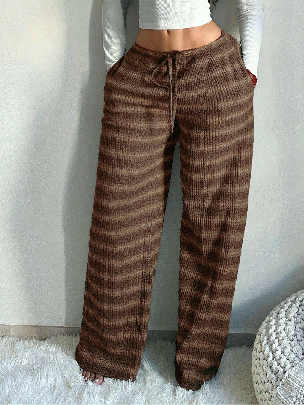 Striped Textured Knit Pocket Wide Leg Lounge Pants - Brown