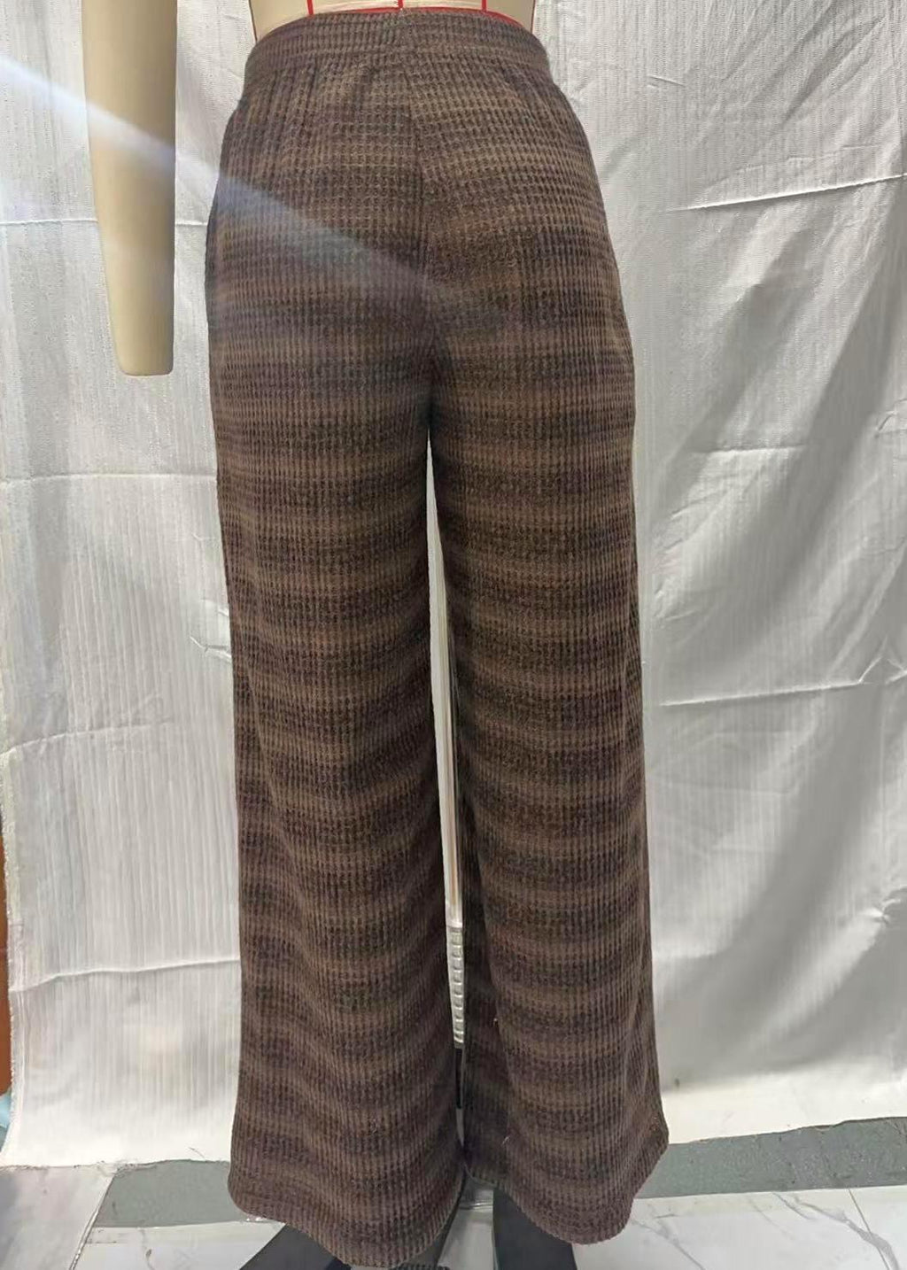 Striped Textured Knit Pocket Wide Leg Lounge Pants - Brown - 1