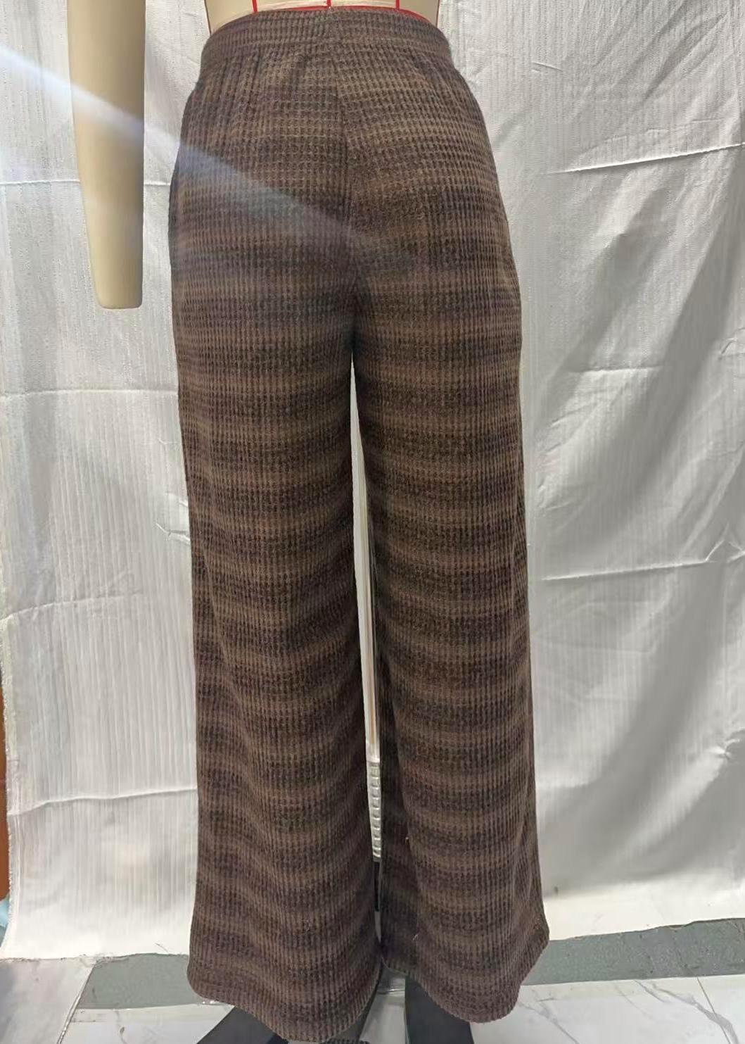 Striped Textured Knit Pocket Wide Leg Lounge Pants - Brown - 1