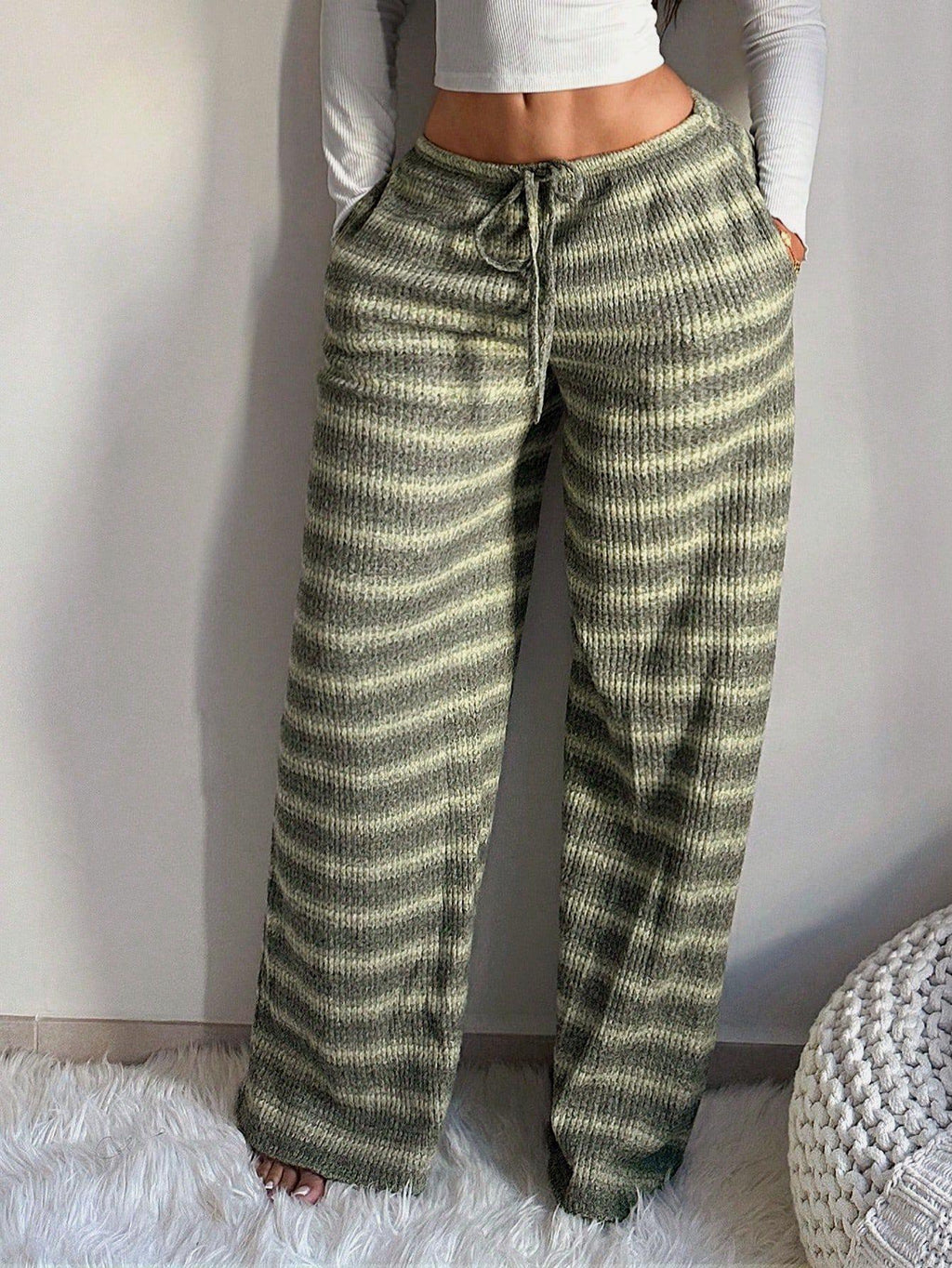 Striped Textured Knit Pocket Wide Leg Lounge Pants - DGreen