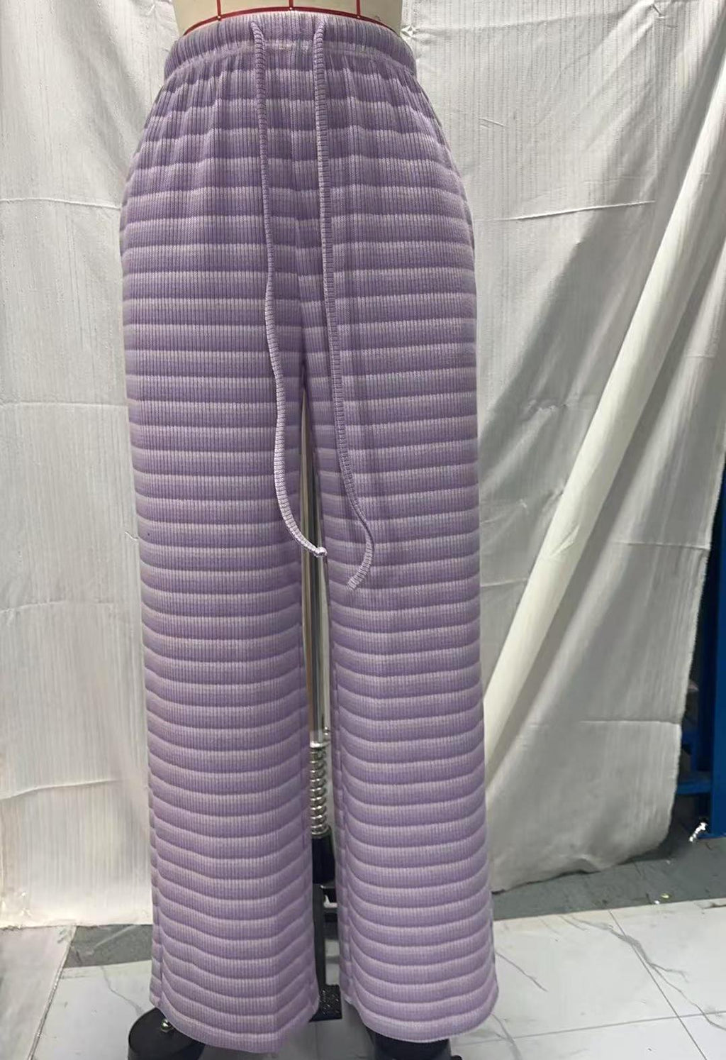 Striped Textured Knit Pocket Wide Leg Lounge Pants - Purple