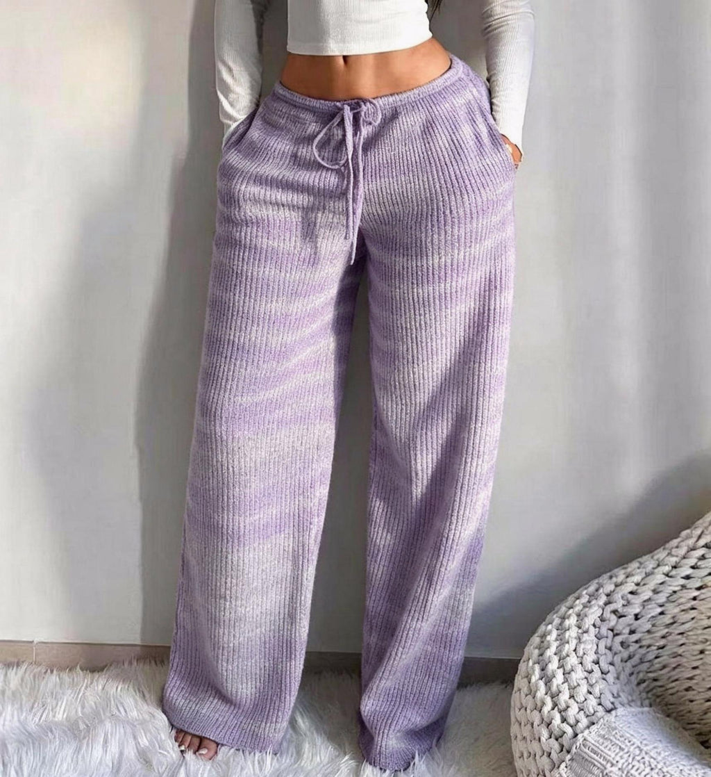 Striped Textured Knit Pocket Wide Leg Lounge Pants - Purple - 2