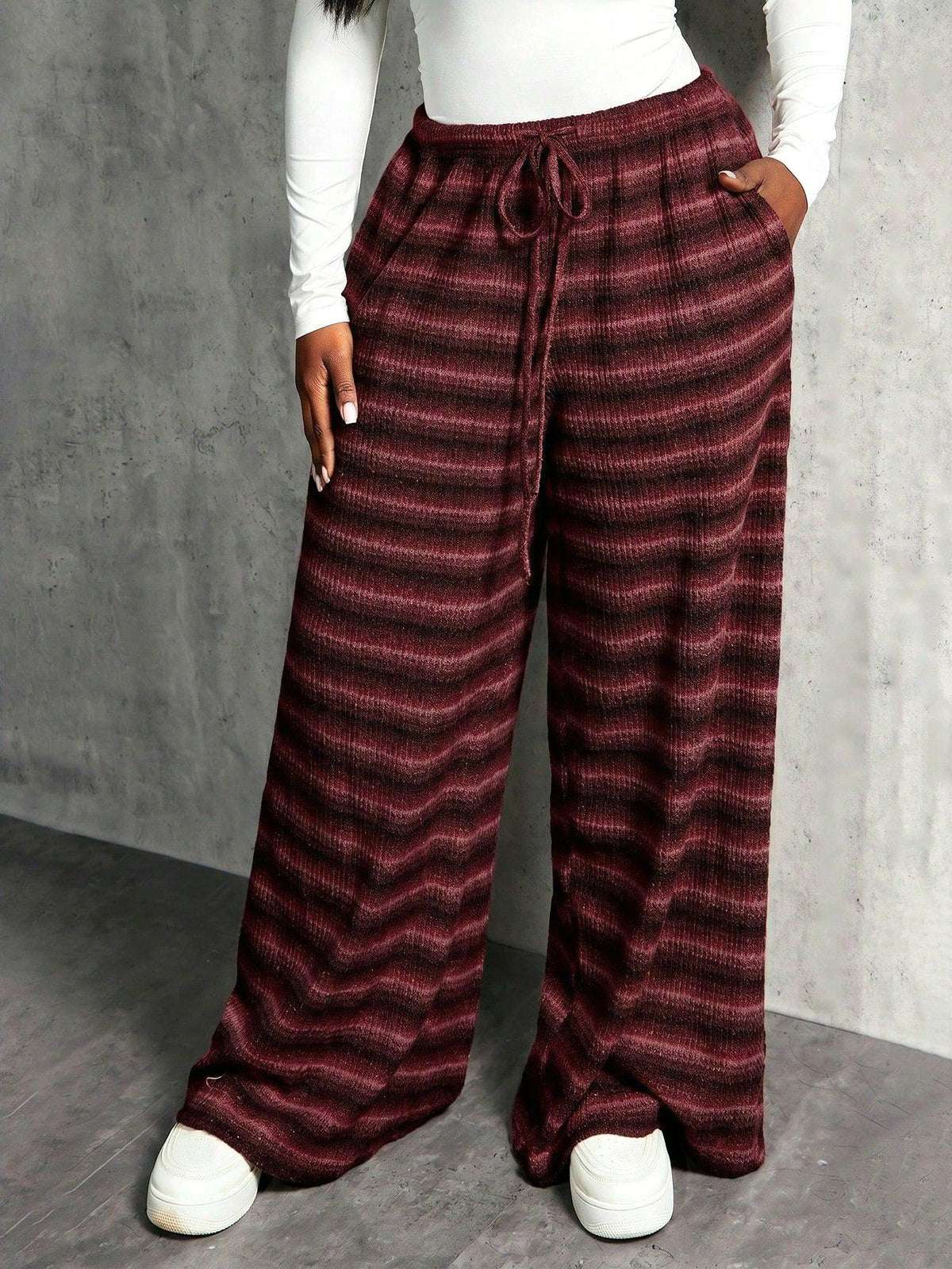 Striped Textured Knit Pocket Wide Leg Lounge Pants - Wine_Red