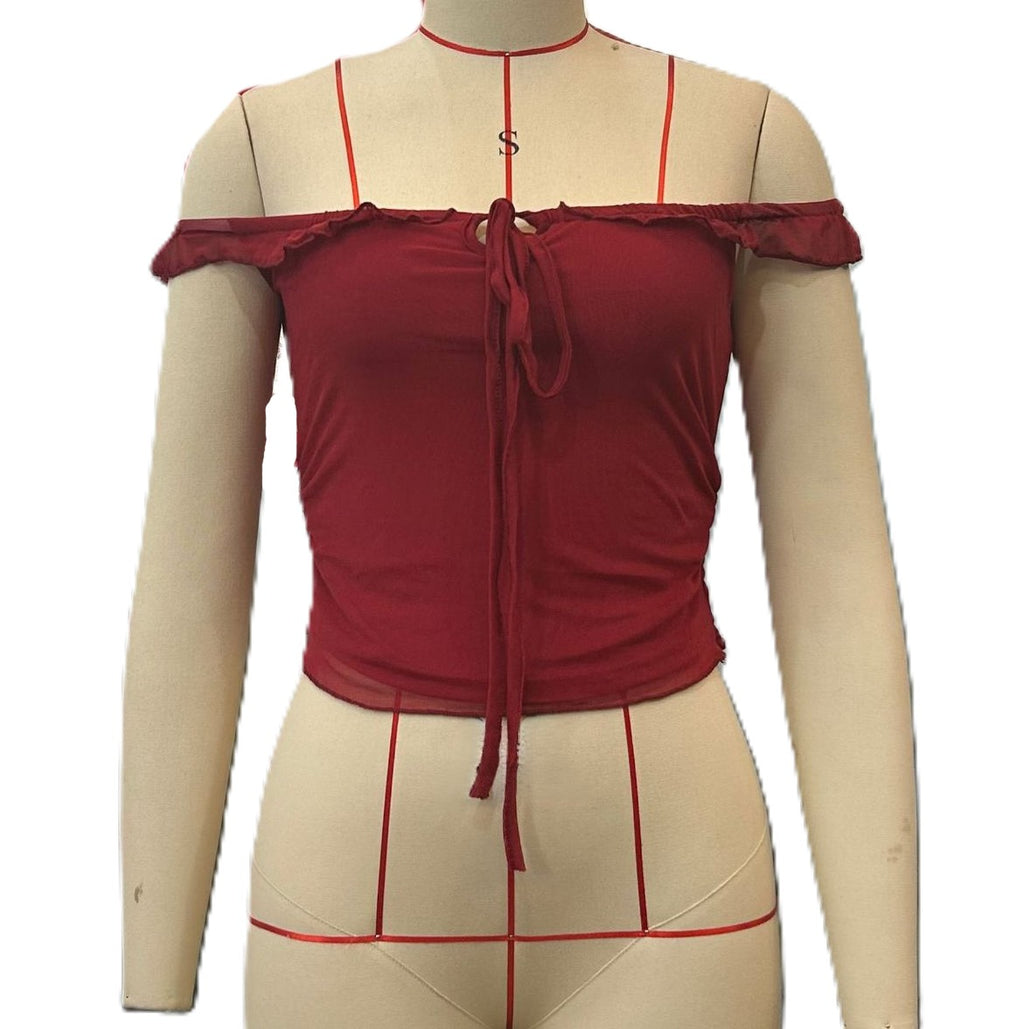 Off Shoulder Ruffle Mesh Tie Front Top - Winered