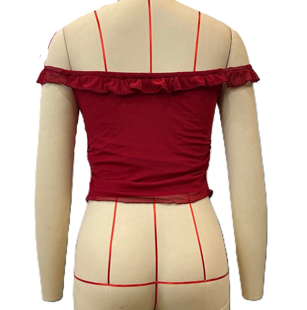 Off Shoulder Ruffle Mesh Tie Front Top - Winered - 1