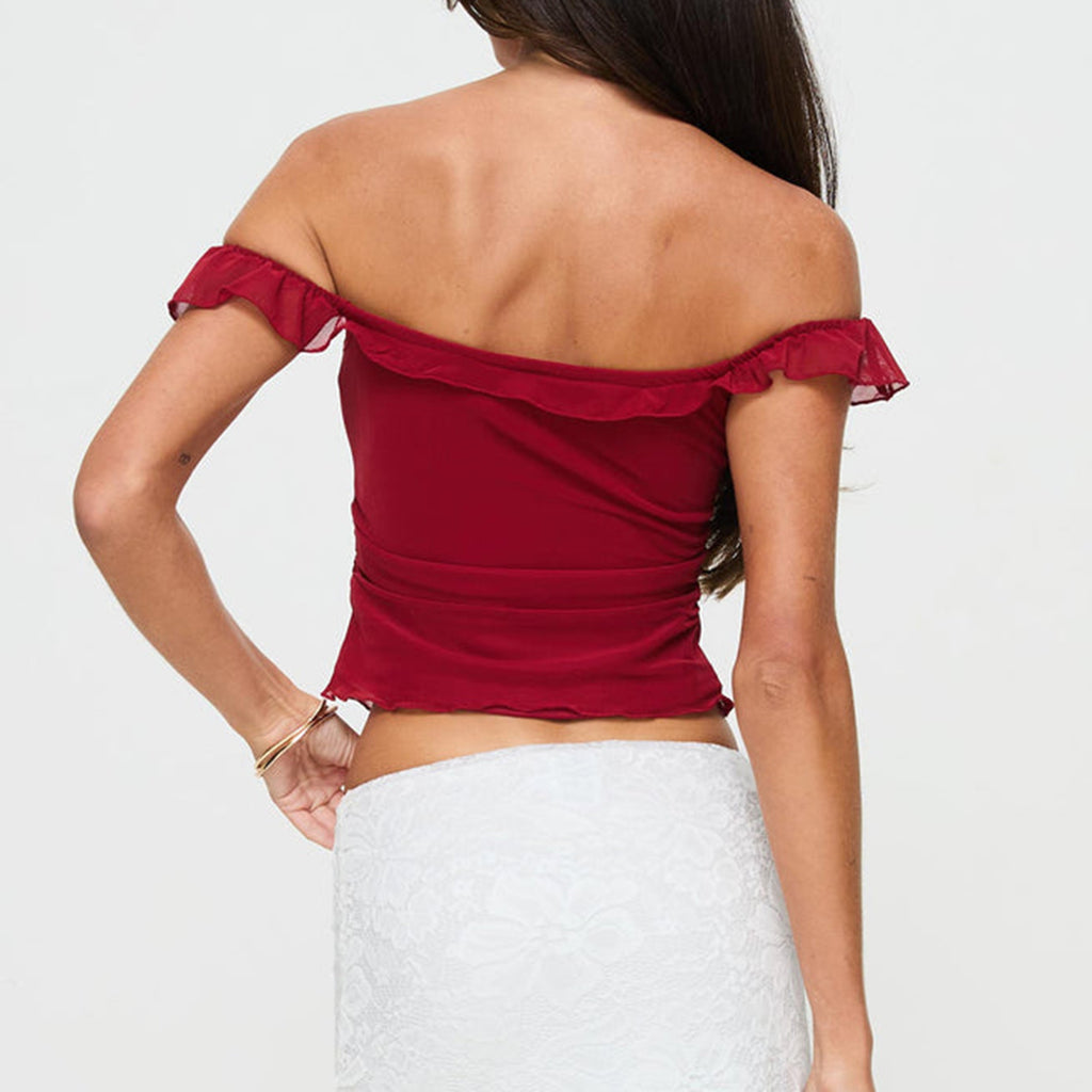 Off Shoulder Ruffle Mesh Tie Front Top - Winered - 2