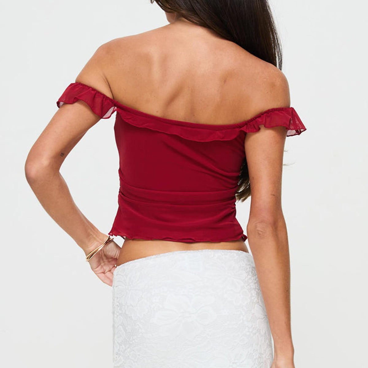 Off Shoulder Ruffle Mesh Tie Front Top - Winered - 2