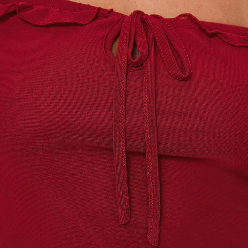 Off Shoulder Ruffle Mesh Tie Front Top - Winered - 5