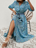 Boho Paisley Print Maxi Dress With Belt - Blue