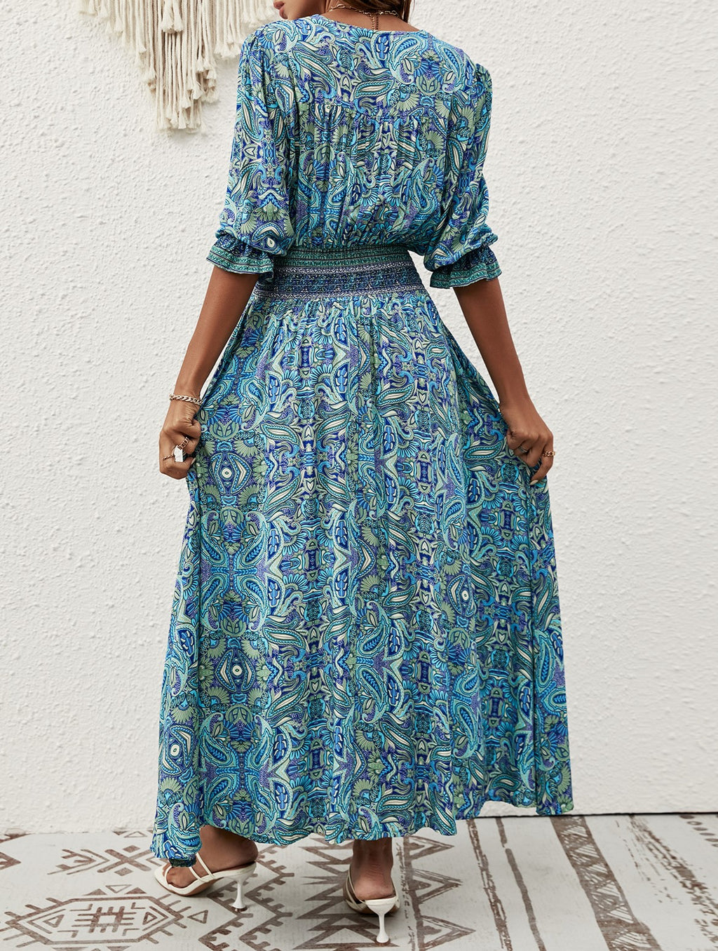 Boho Paisley Print Maxi Dress With Belt - Blue - 1