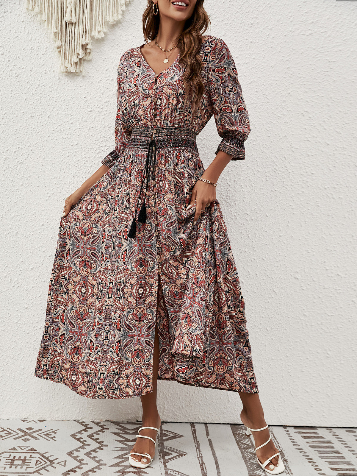 Boho Paisley Print Maxi Dress With Belt - Brown - 1