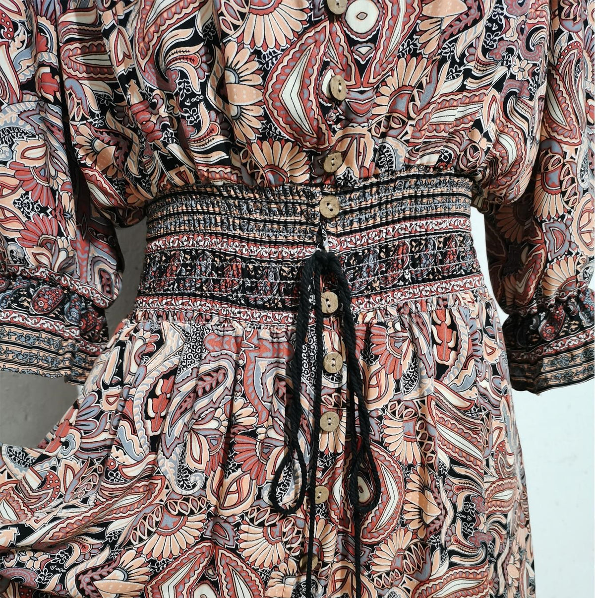 Boho Paisley Print Maxi Dress With Belt - Brown - 2