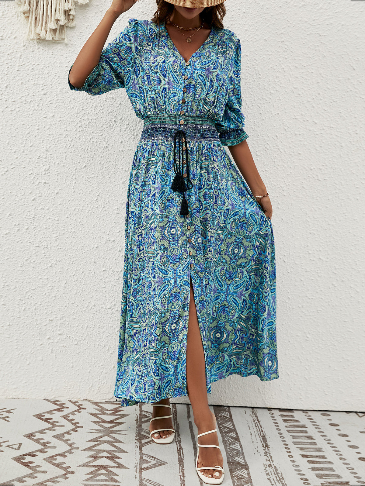 Boho Paisley Print Maxi Dress With Belt