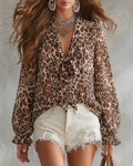 Leopard Print Tie Neck Sheer Balloon Sleeve Blouse - Leopard
