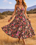 Ditsy Floral Tiered Strappy Maxi Dress - Black