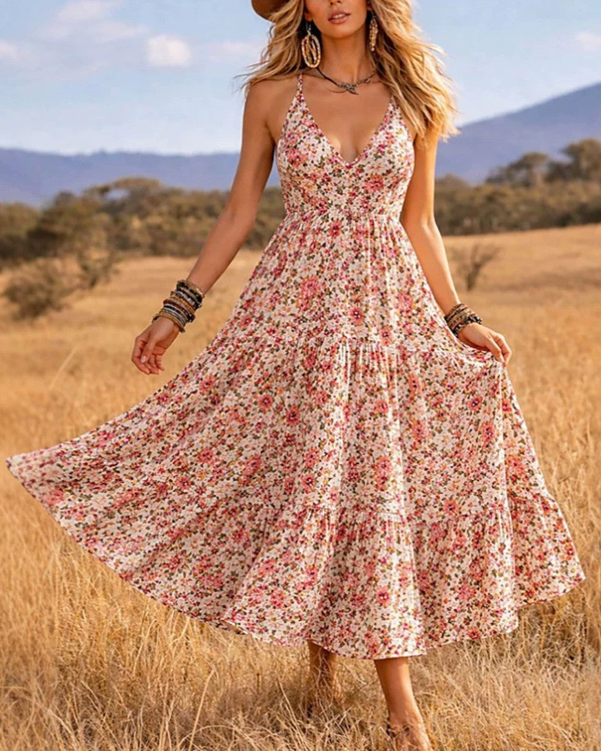 Ditsy Floral Tiered Strappy Maxi Dress - Pink
