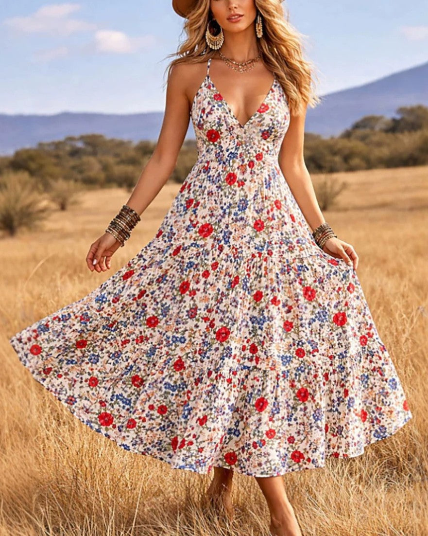 Ditsy Floral Tiered Strappy Maxi Dress - White