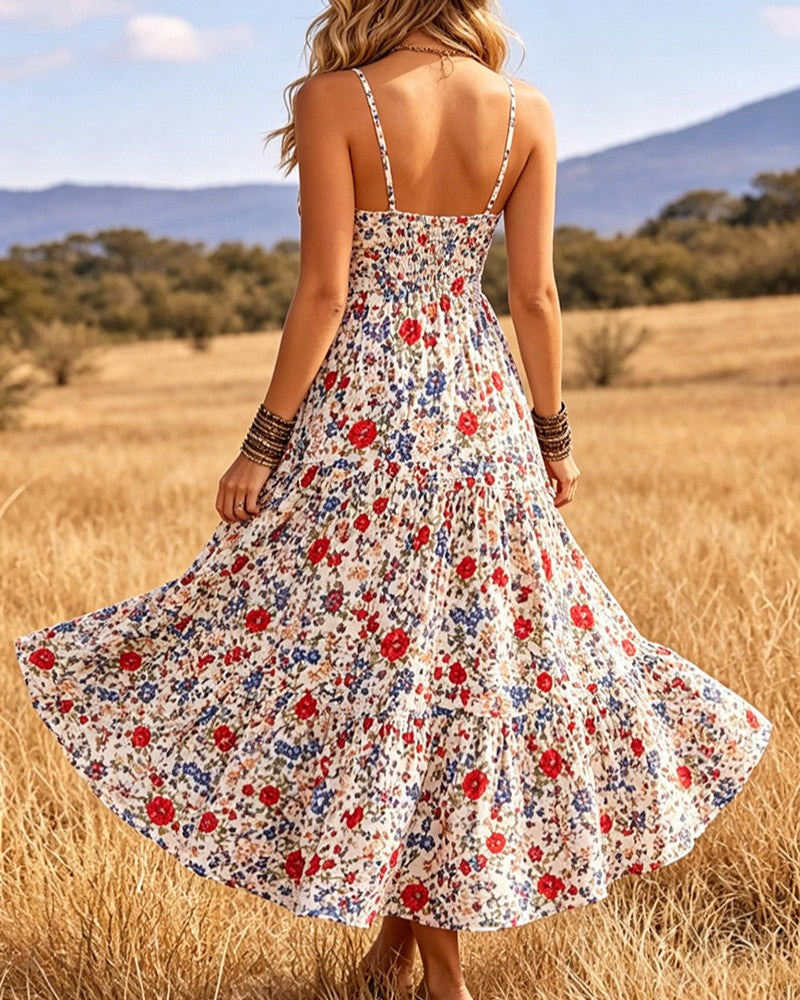 Ditsy Floral Tiered Strappy Maxi Dress - White - 2