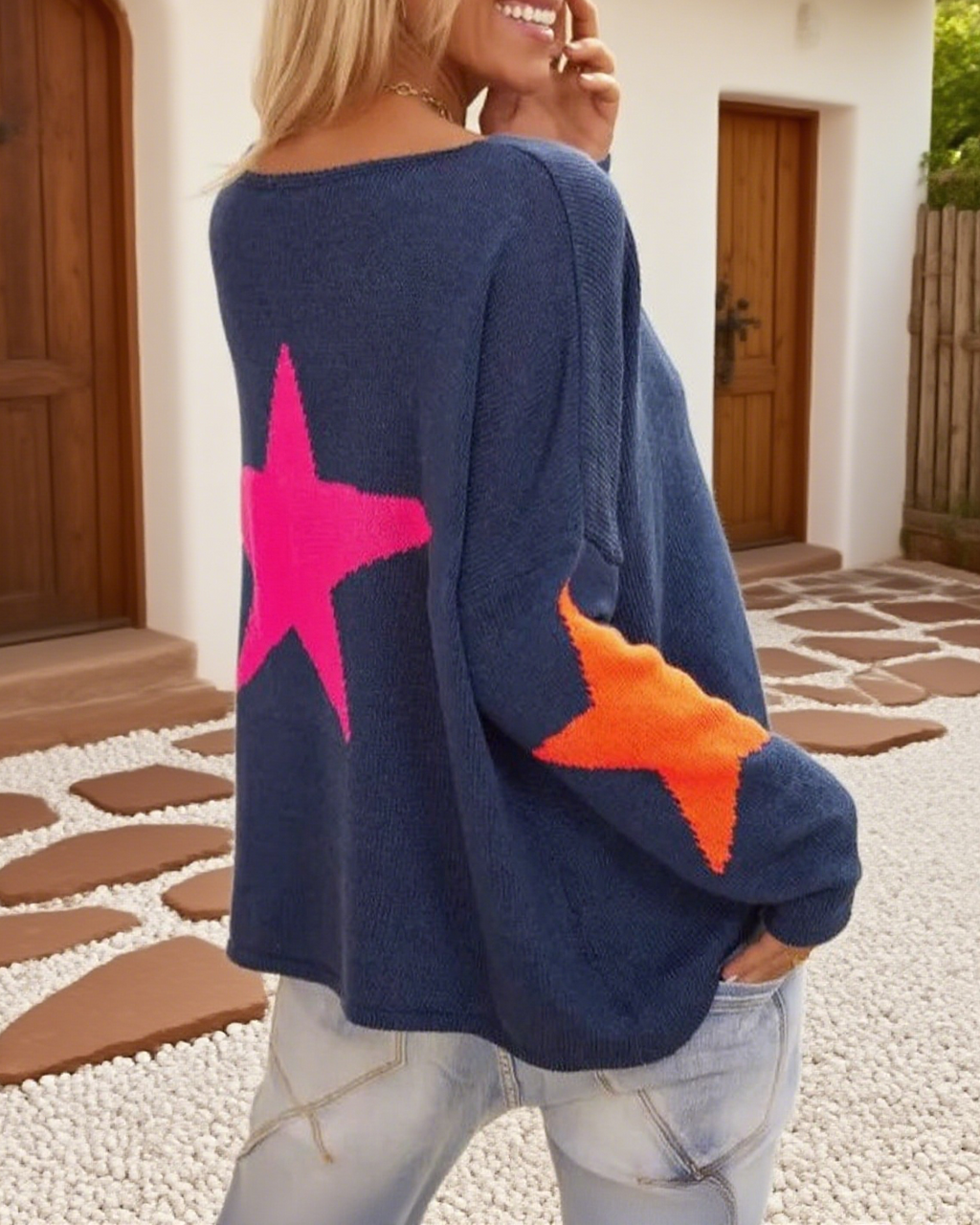 Neon Star Patch Slouchy Knit Sweater - Navy - 2