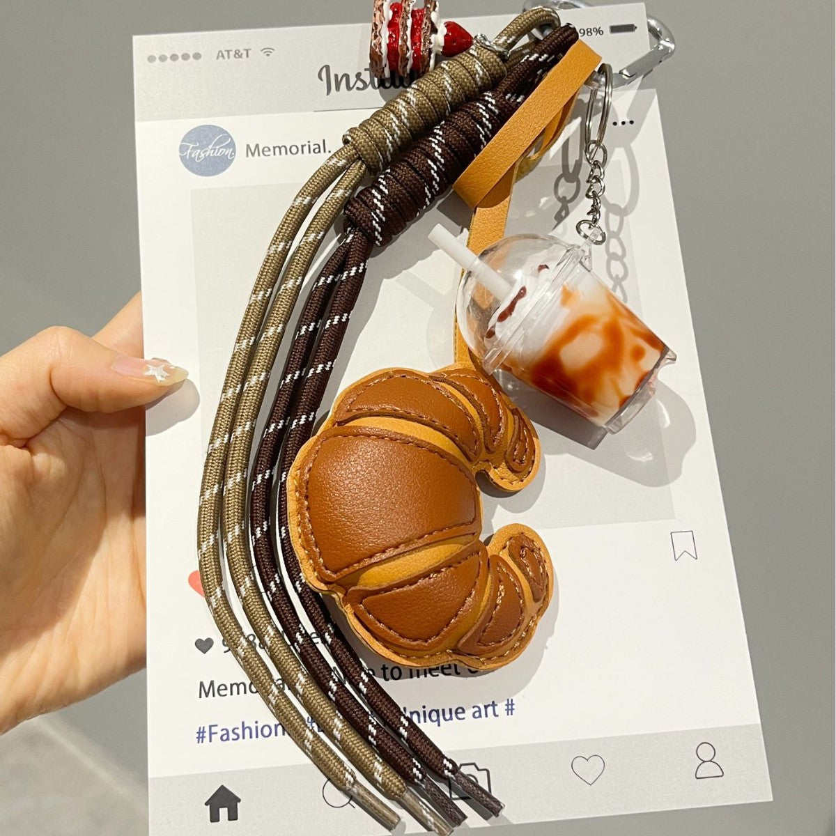 Croissant Keychain Bag Charm with Braided Strap - Coffee