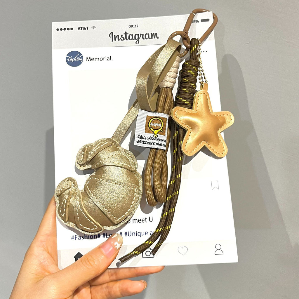 Croissant Keychain Bag Charm with Braided Strap - GoldStar