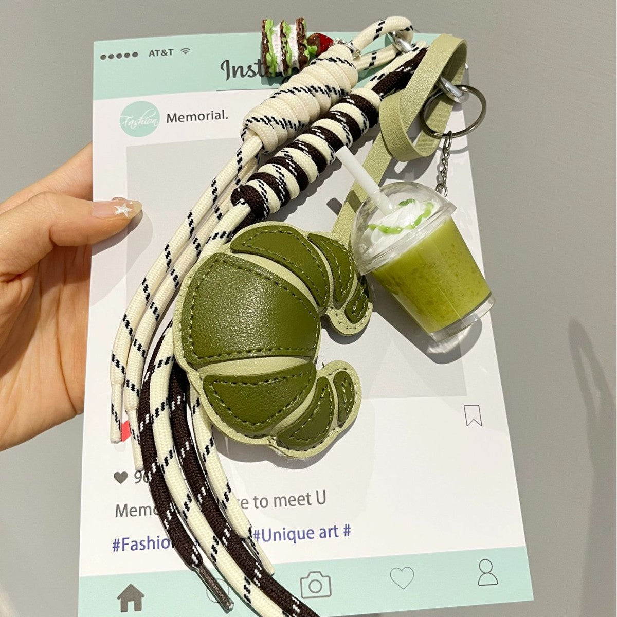 Croissant Keychain Bag Charm with Braided Strap - Green