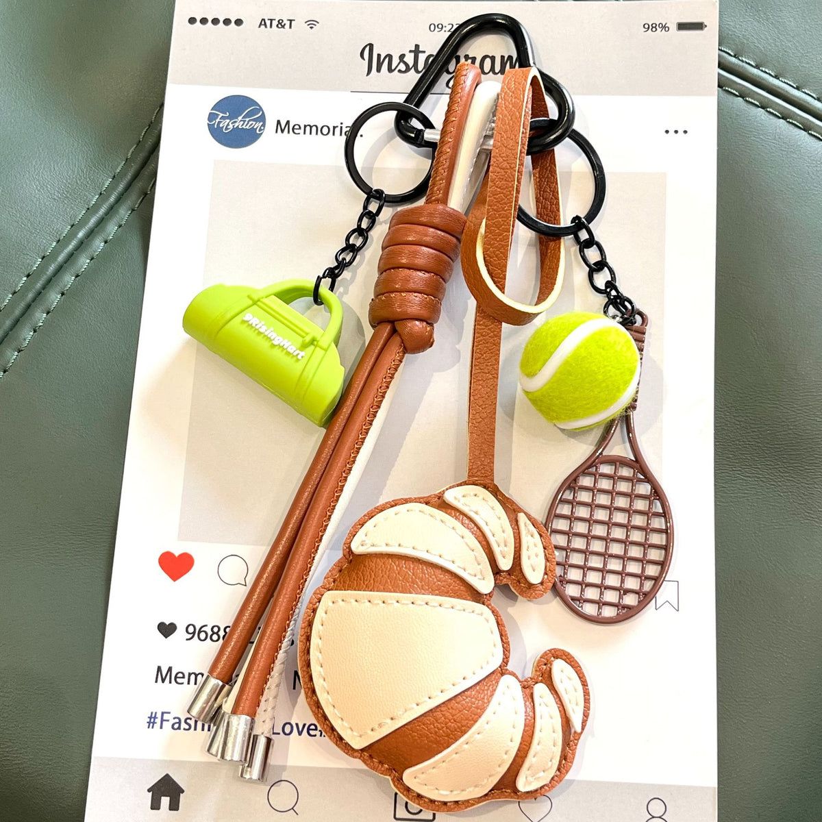 Croissant Keychain Bag Charm with Braided Strap - GreenSport