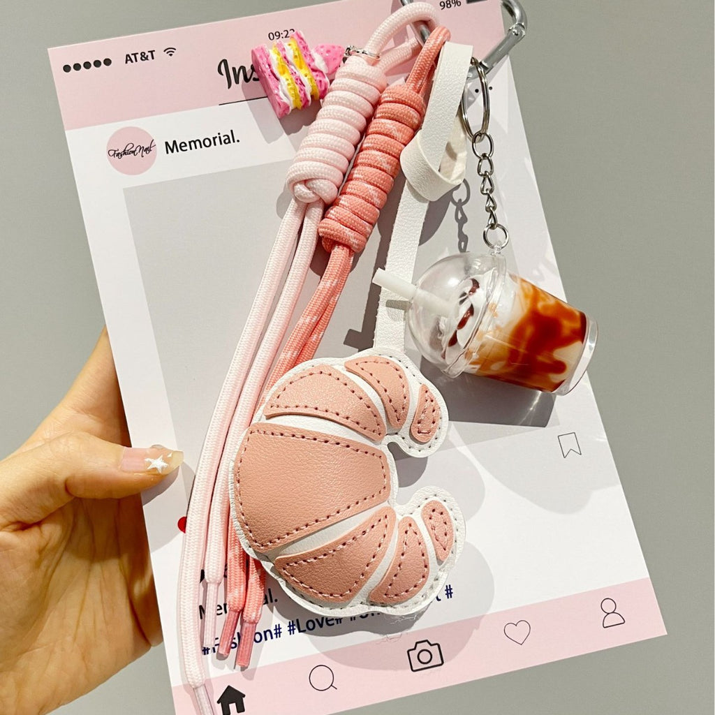 Croissant Keychain Bag Charm with Braided Strap - Pink