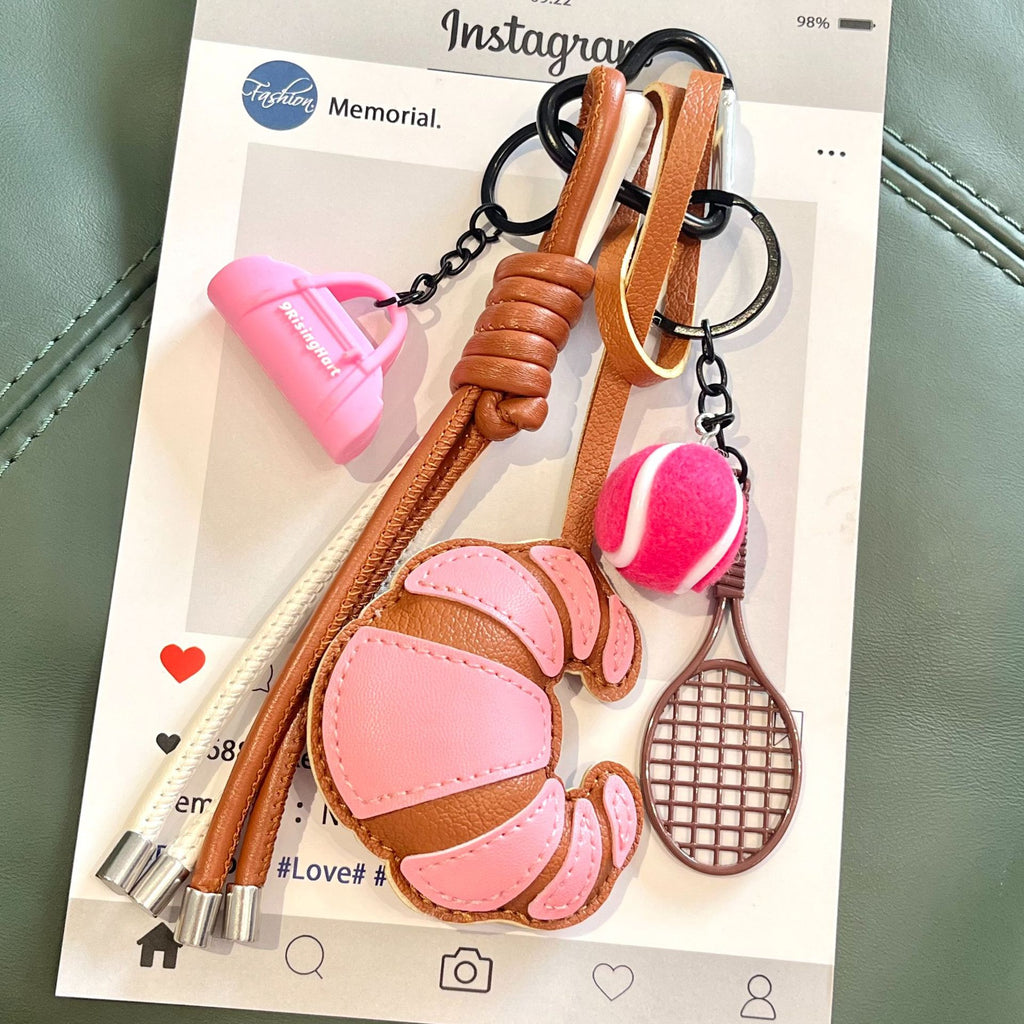 Croissant Keychain Bag Charm with Braided Strap - PinkSport