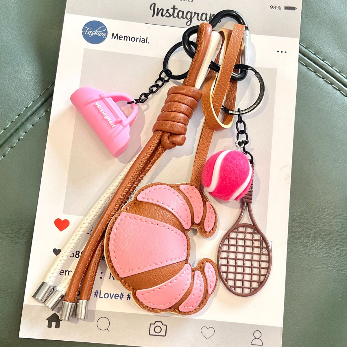 Croissant Keychain Bag Charm with Braided Strap - PinkSport