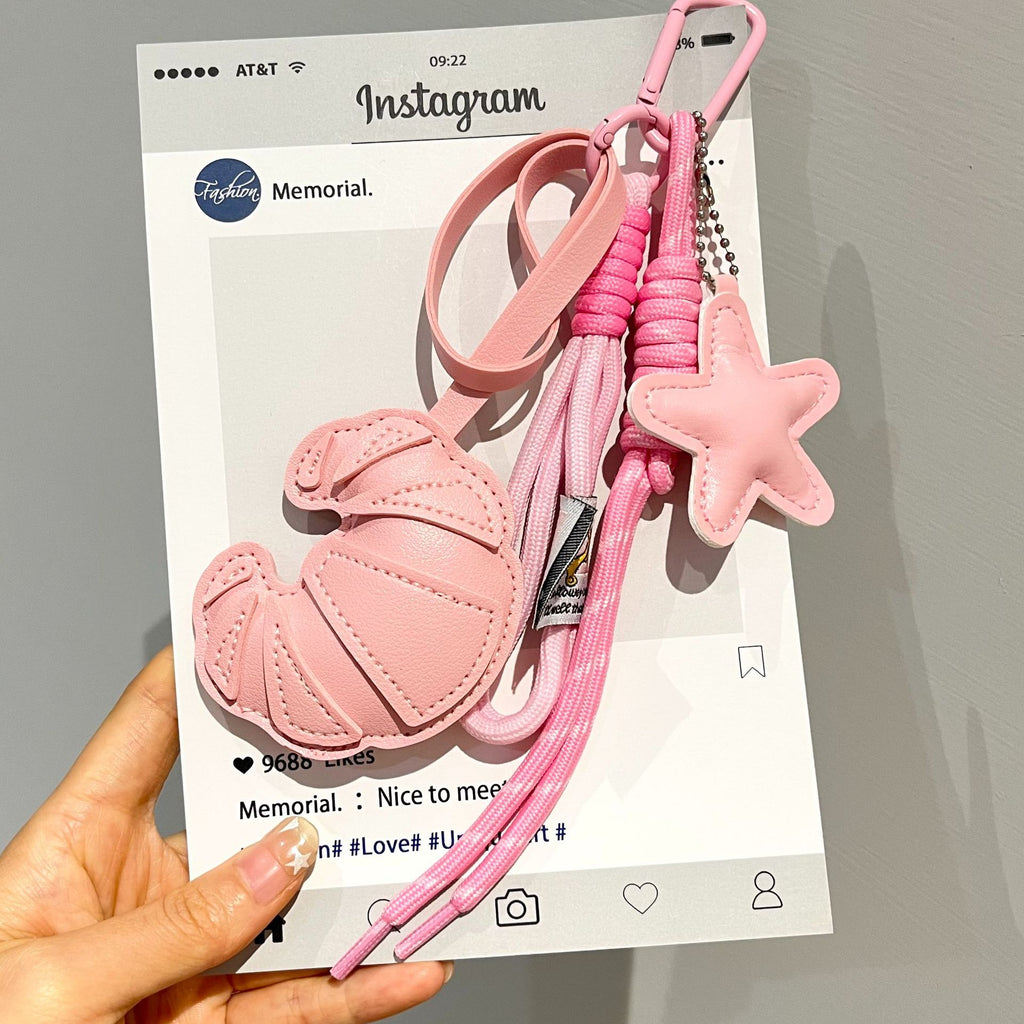Croissant Keychain Bag Charm with Braided Strap - PinkStar