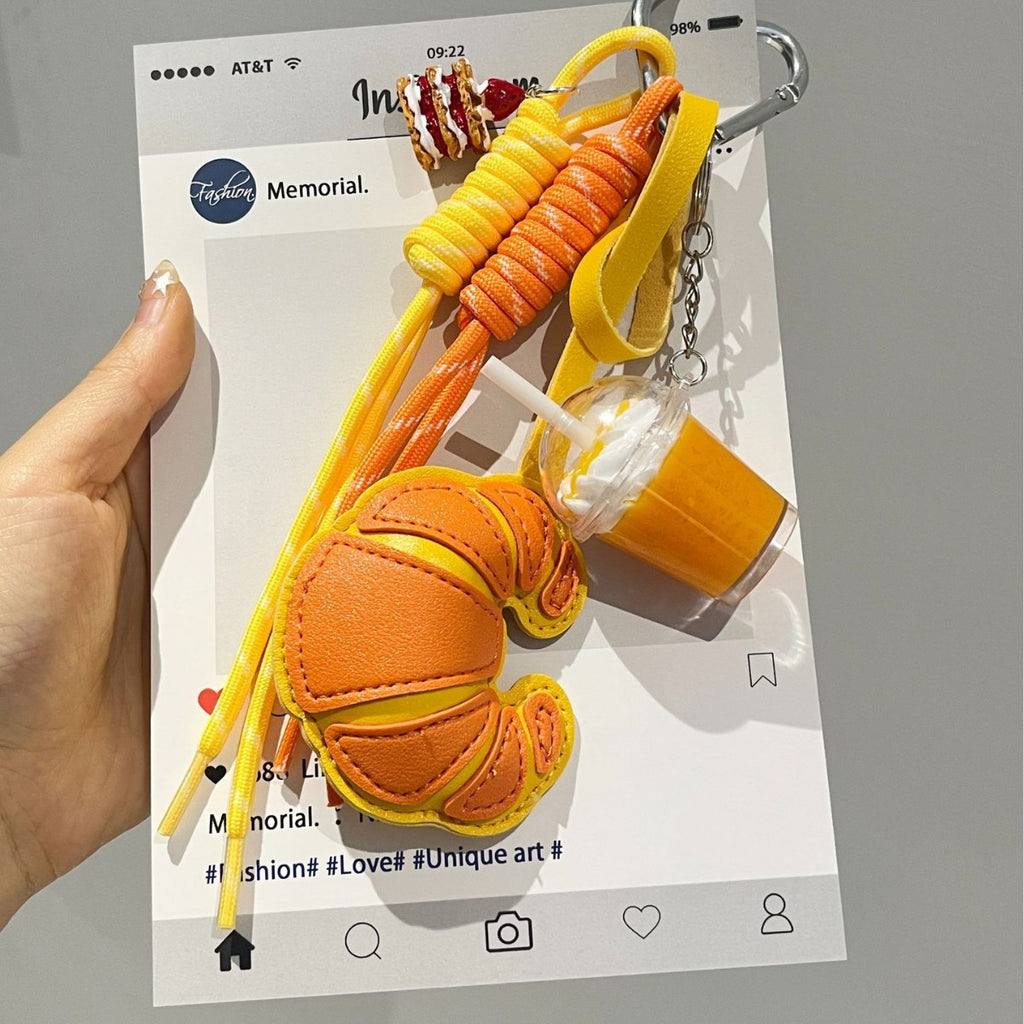 Croissant Keychain Bag Charm with Braided Strap - Yellow