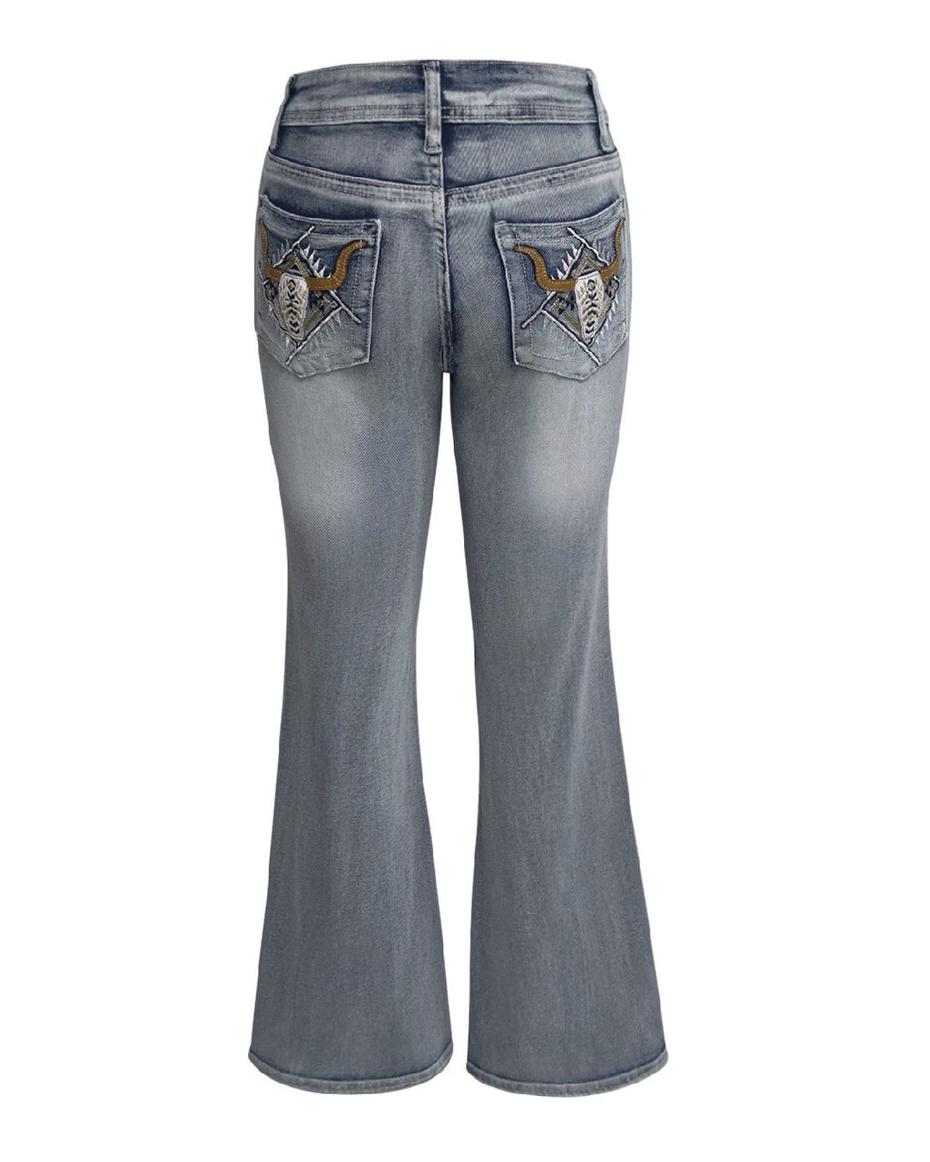 Vintage Wash Flare Jeans With Pocket Embroidery - Blue - 3