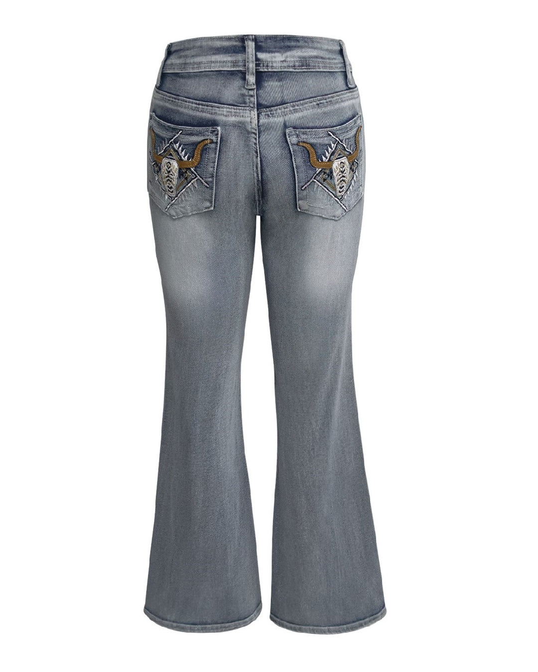 Vintage Wash Flare Jeans With Pocket Embroidery - Blue - 3