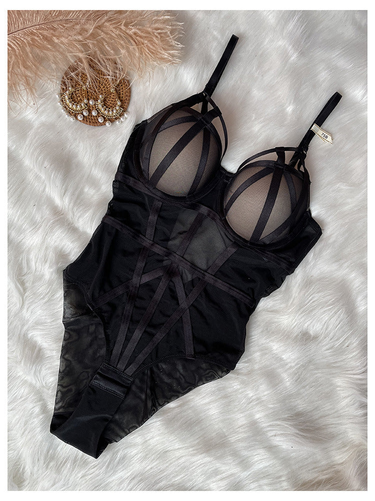 Boned Mesh Underwired Lingerie Bodysuit - black