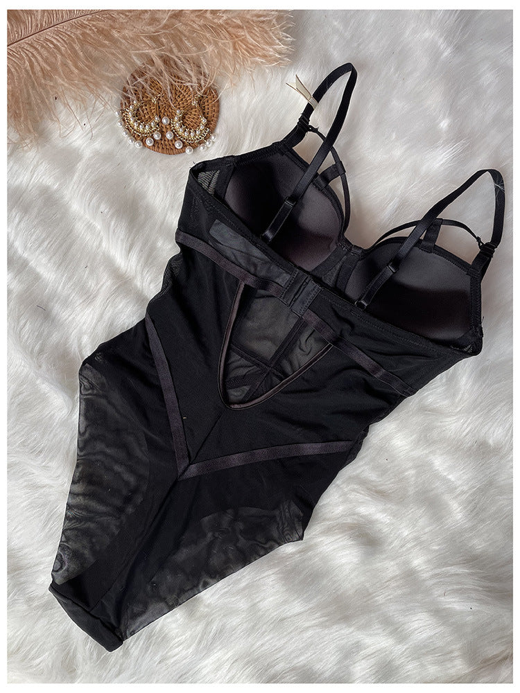 Boned Mesh Underwired Lingerie Bodysuit - black - 1