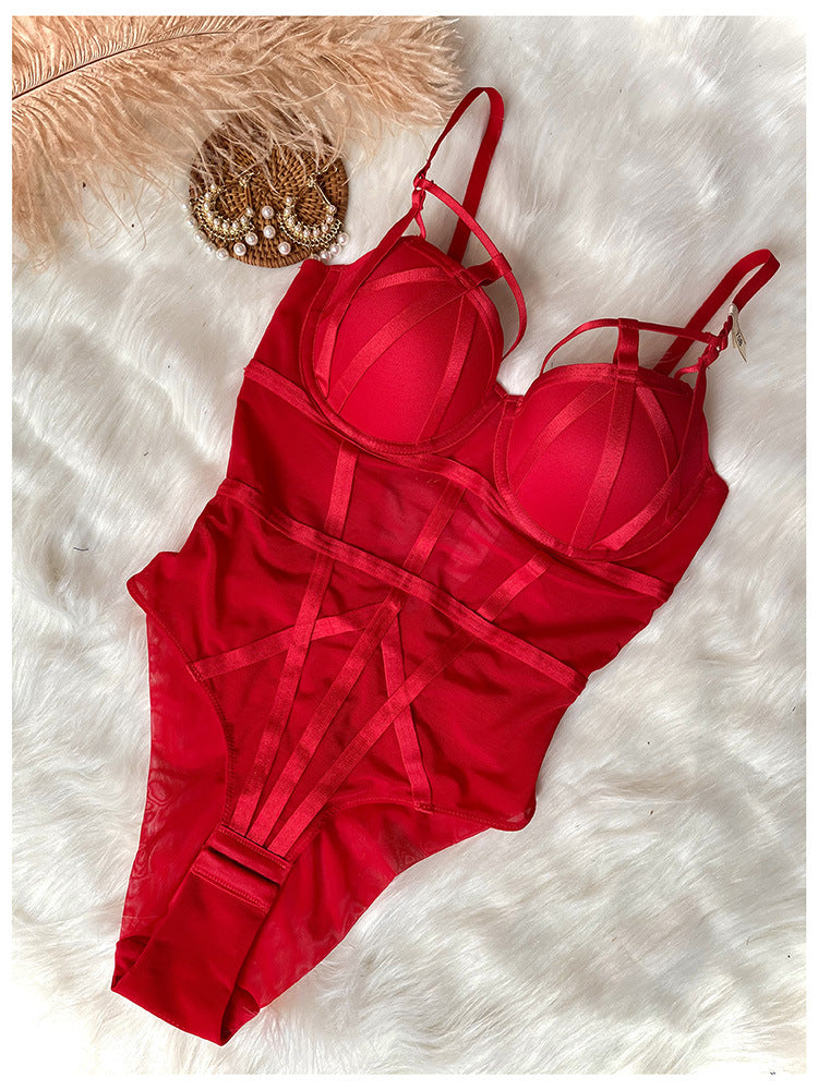 Boned Mesh Underwired Lingerie Bodysuit - red