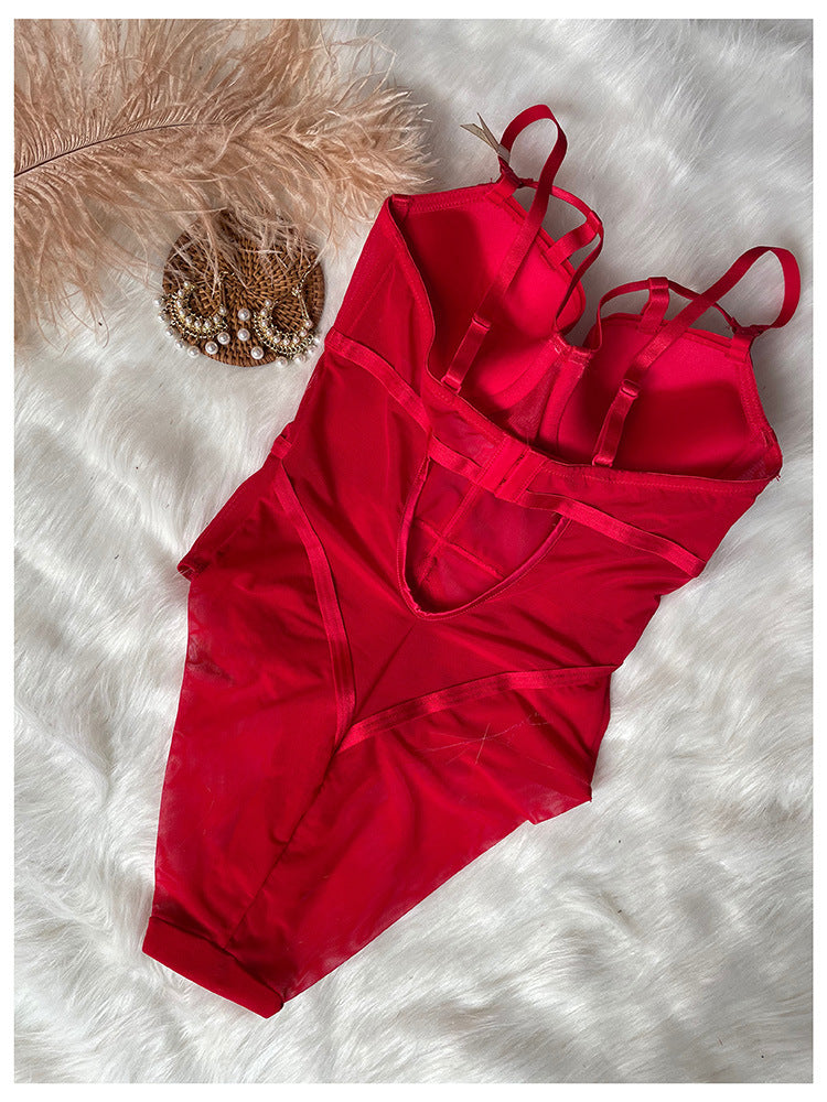 Boned Mesh Underwired Lingerie Bodysuit - red - 1