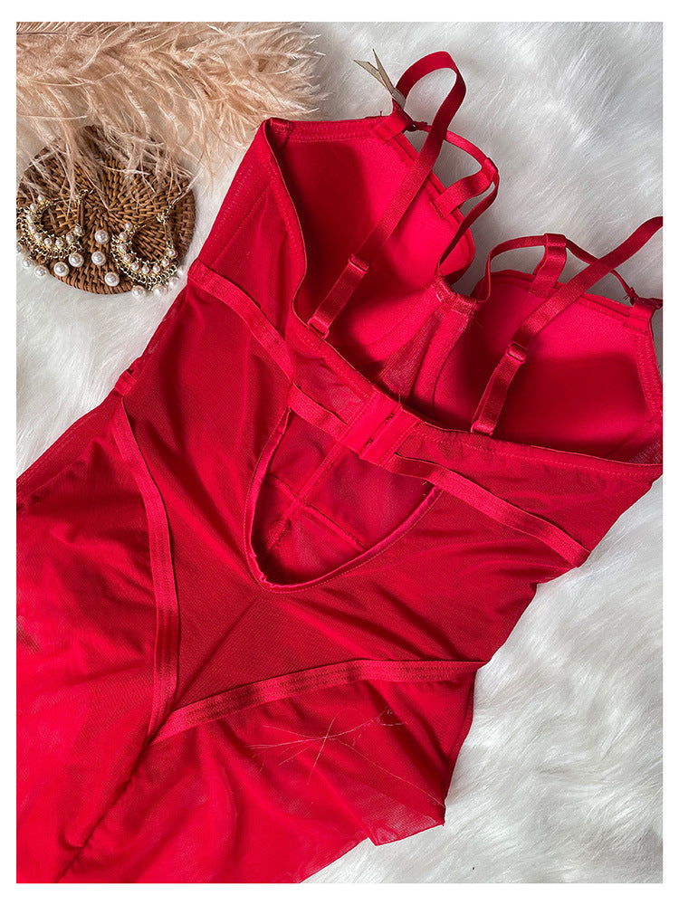 Boned Mesh Underwired Lingerie Bodysuit - red - 2