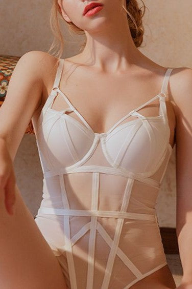 Boned Mesh Underwired Lingerie Bodysuit - white - 3