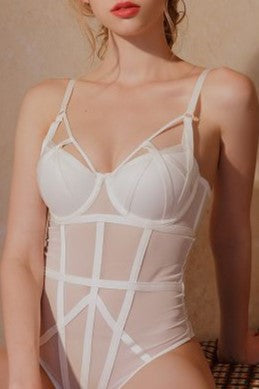Boned Mesh Underwired Lingerie Bodysuit - white - 5