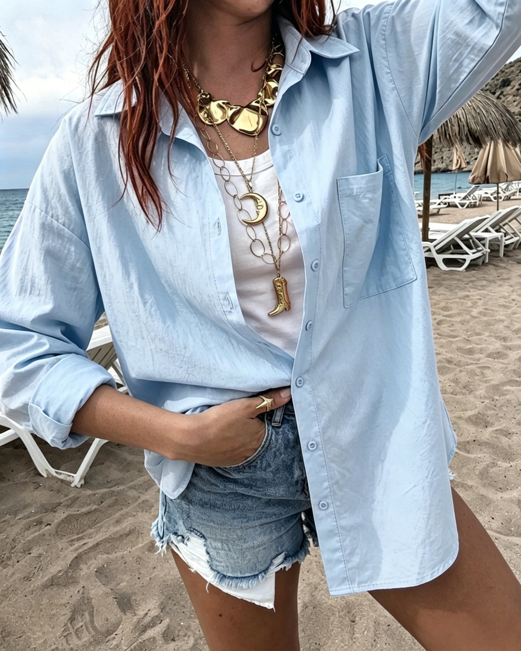 Lightweight Cotton Button Up Beach Shirt - Blue