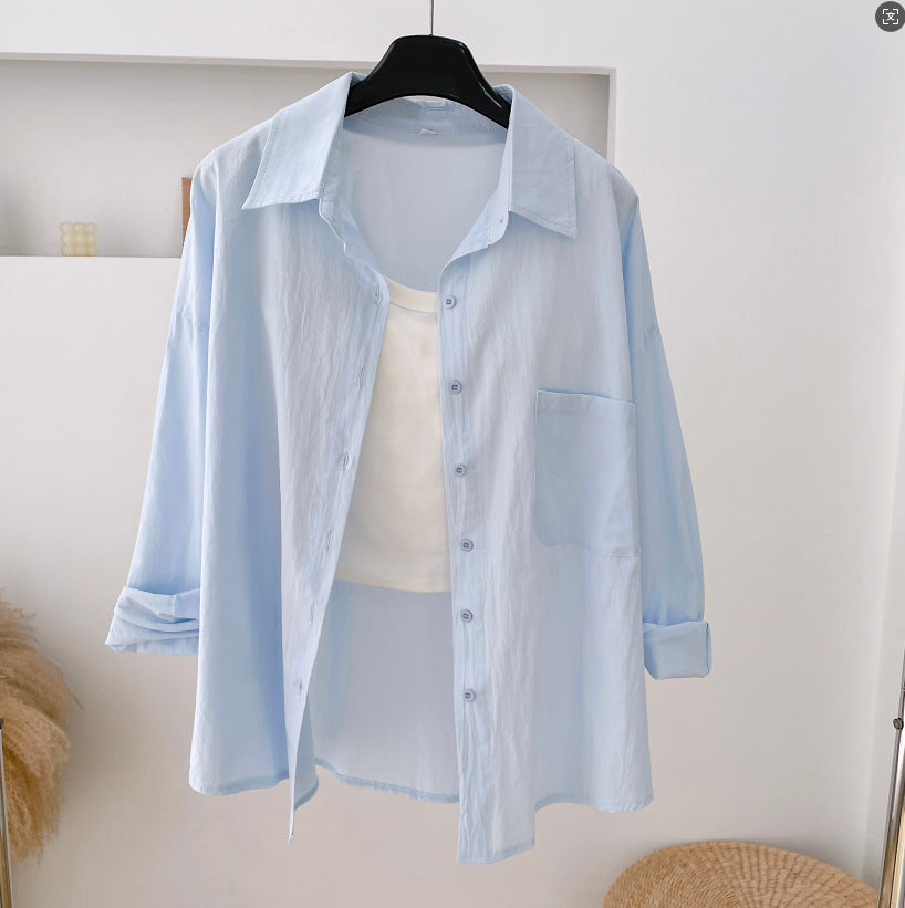 Lightweight Cotton Button Up Beach Shirt - Blue - 1