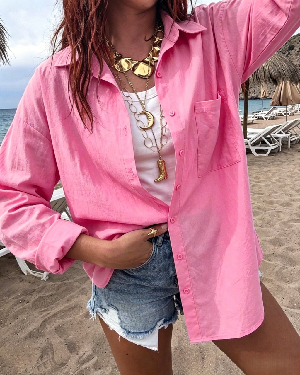 Lightweight Cotton Button Up Beach Shirt - Fuchsia - 1
