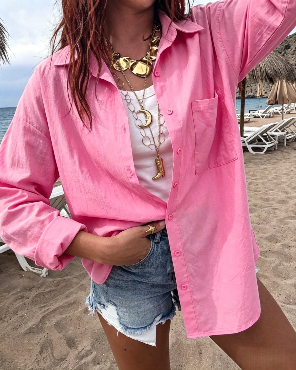 Lightweight Cotton Button Up Beach Shirt - Fuchsia - 1