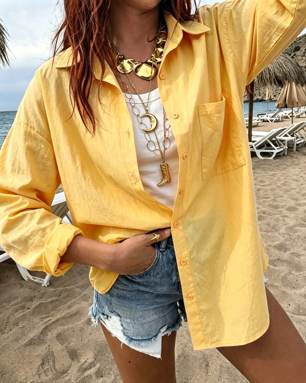 Lightweight Cotton Button Up Beach Shirt - Yellow - 2